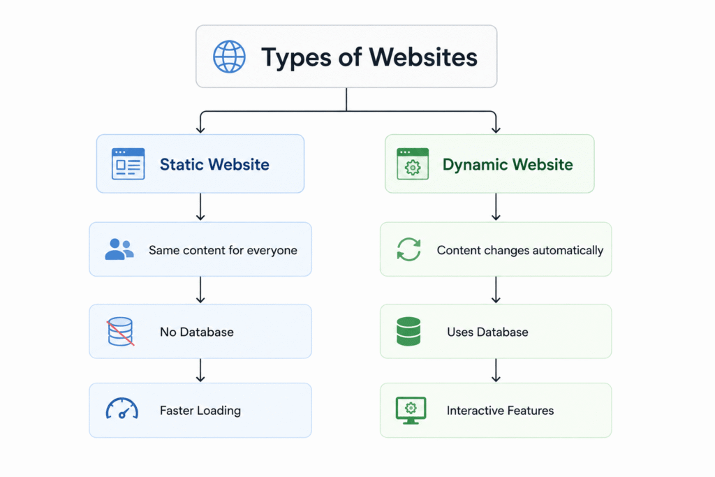 "Simple flowchart showing the difference between static and dynamic websites."