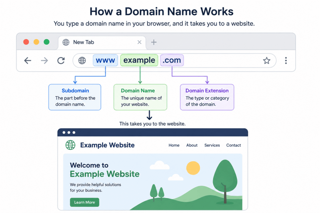 Diagram explaining the parts of a domain name: www, domain name, and .com.