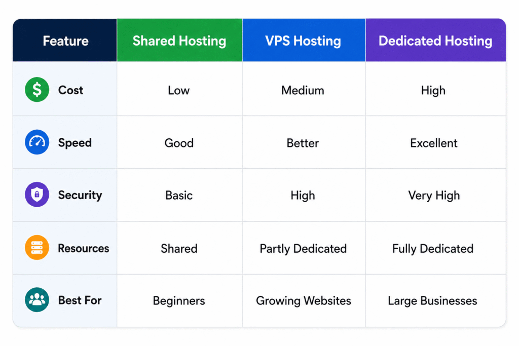 Shared vs VPS vs Dedicated Hosting comparison chart