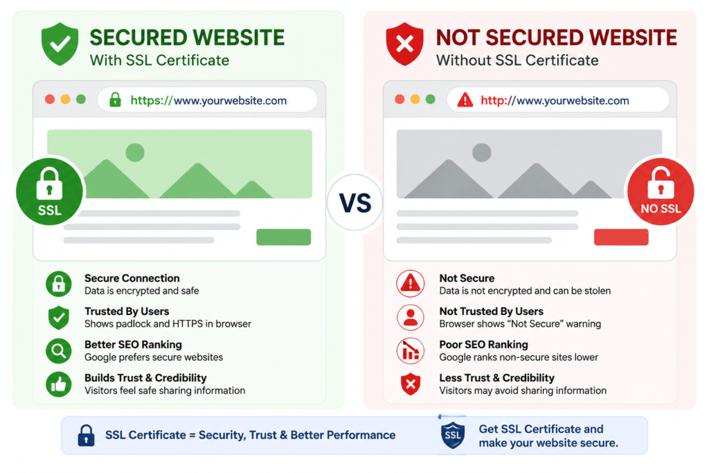 Secured vs. non-secured website with SSL certificate.