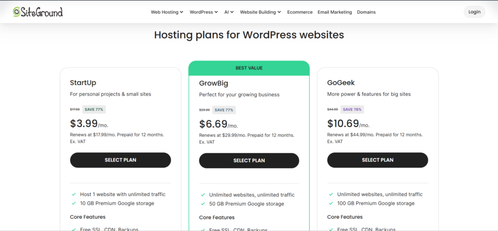SiteGround hosting plans