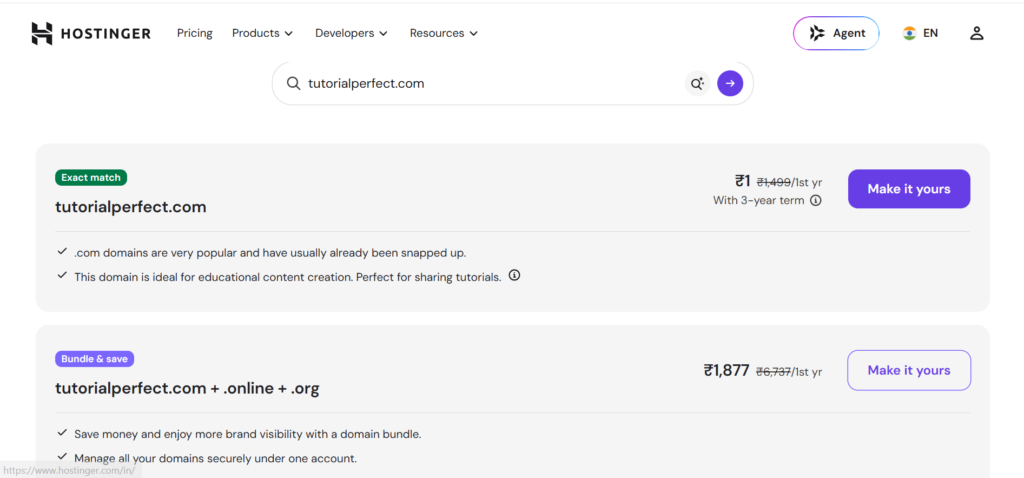 Selecting an available domain name and clicking the Make It Yours button in Hostinger