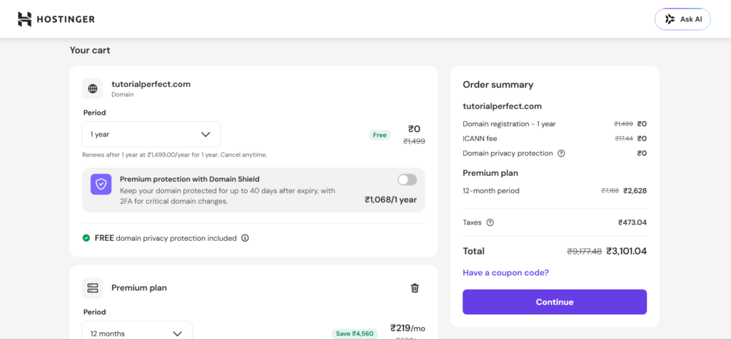Hostinger order summary page with selected domain, hosting plan, and coupon code option