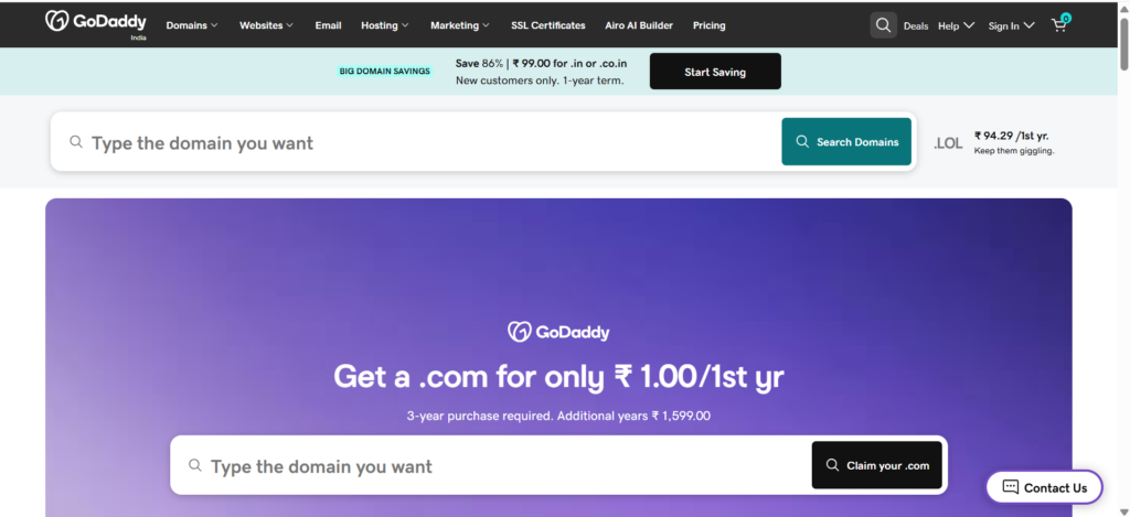 GoDaddy homepage with domain search box