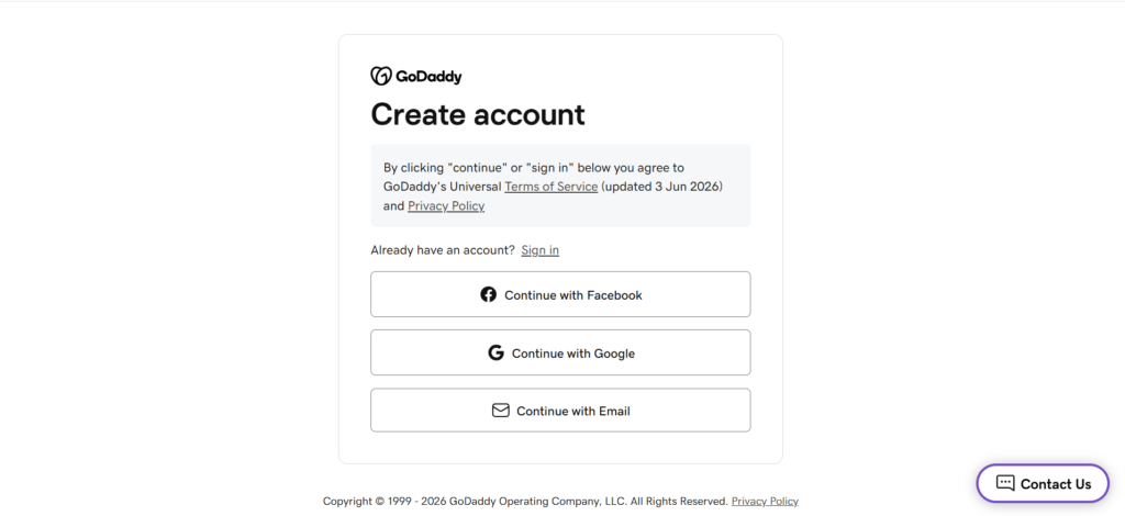GoDaddy account registration page