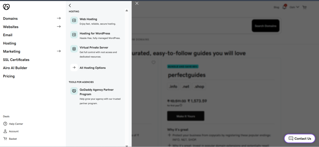 GoDaddy hosting options including Web Hosting and WordPress Hosting.