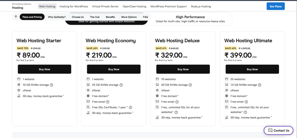 GoDaddy hosting plans showing Starter, Economy, Deluxe, and other plans.