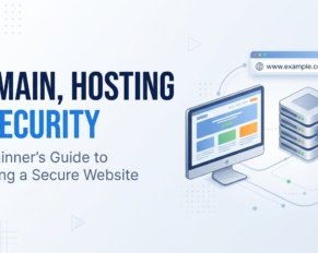 Domain, web hosting, and website security illustration