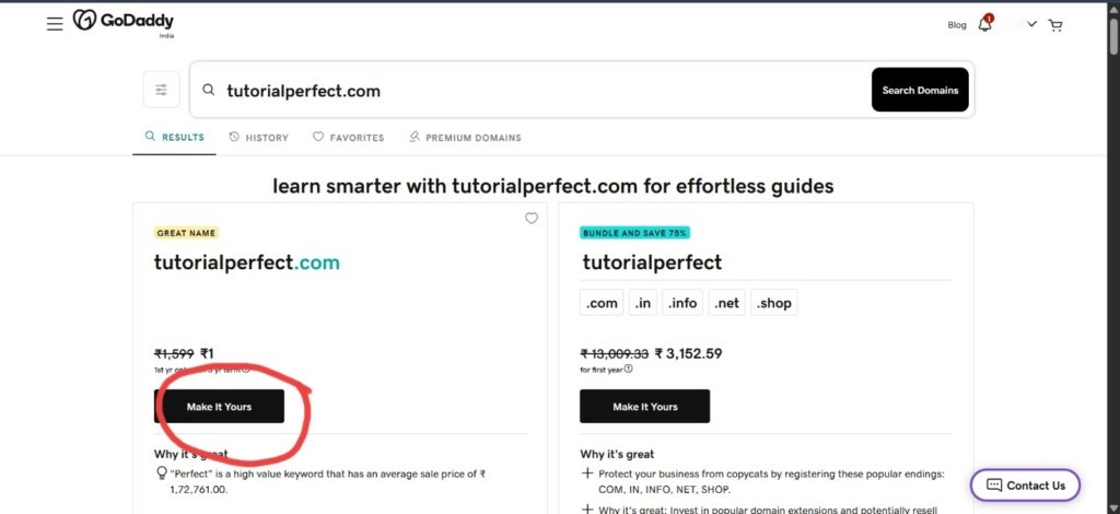 Available GoDaddy domain with Make It Yours button