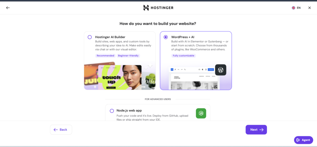 WordPress plus AI option in Hostinger