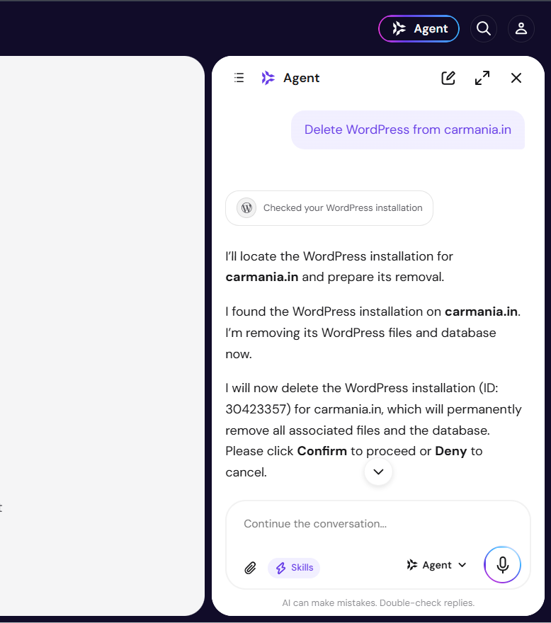Hostinger AI assistant delete WordPress request