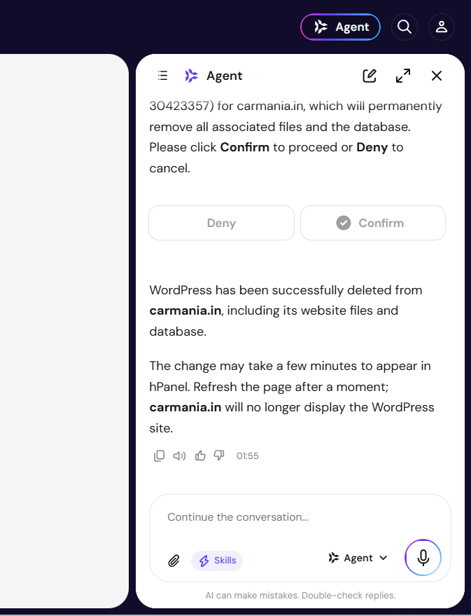 Confirm WordPress deletion in Hostinger