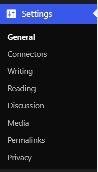 WordPress Settings menu with General, Writing, Reading and Privacy options