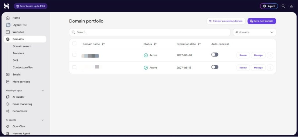 Hostinger domains page showing Manage option