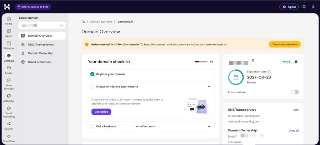 Hostinger website dashboard before WordPress installation