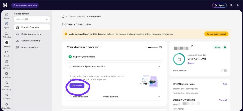 Hostinger Create or Migrate Your Website section