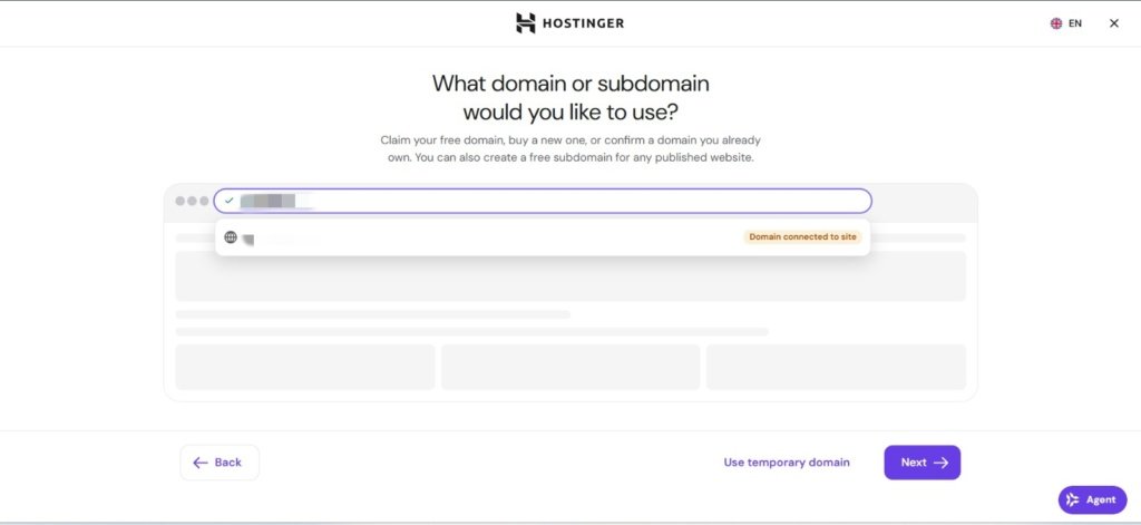 Select domain for WordPress installation in Hostinger