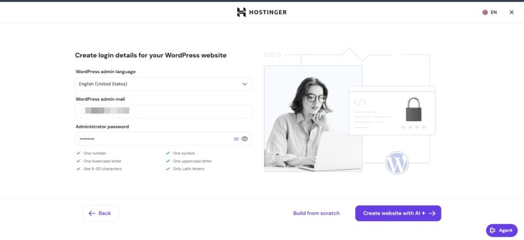 Create WordPress login details in Hostinger