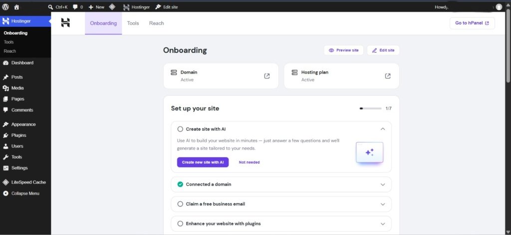 WordPress dashboard after installation in Hostinger