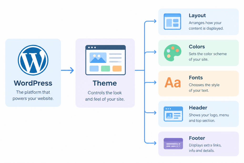 WordPress theme elements diagram showing layout, colors, fonts, header, and footer.