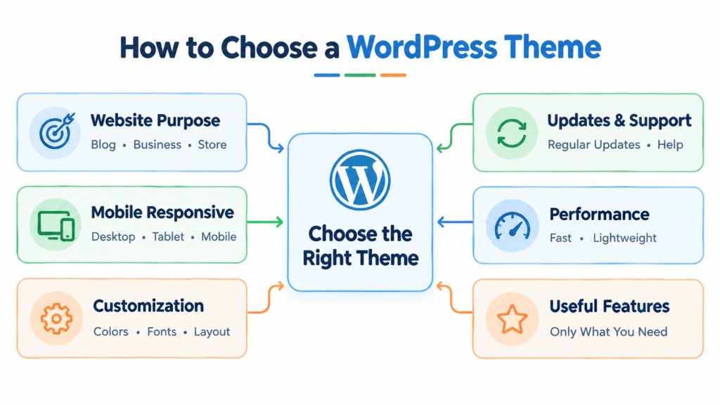 Infographic showing six factors for choosing a WordPress theme.